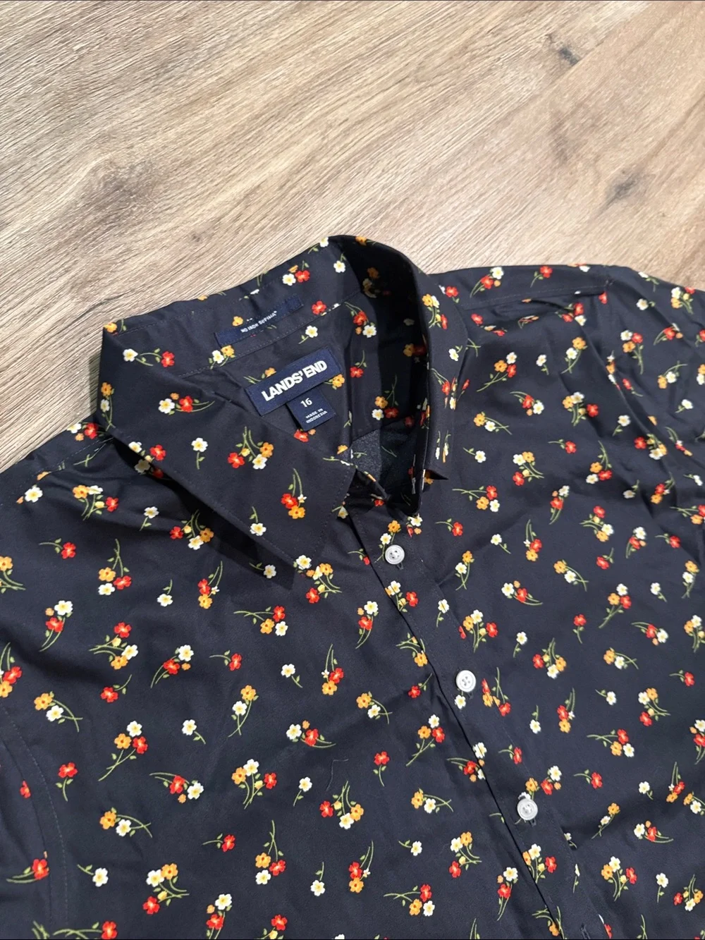 NWOT Lands' End Black Button-Down Shirt with Red and Yellow Floral Sprig Print